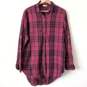Sundry Plaid Button Down Shirt Burgundy Navy Blue Cotton Roll Tab Sleeve Size 3